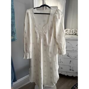 Vintage Floral Nightgown Dress Lace Trim Puff Sleeve Cottagecore Prairie Midi L